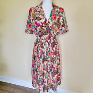 Vintage Lady Carol Boho 80s Colorful Paisley Floral Pleated Dress Western Hippy